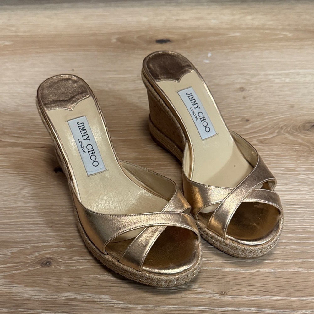 Jimmy Choo Metallic Gold Wedge Sandals